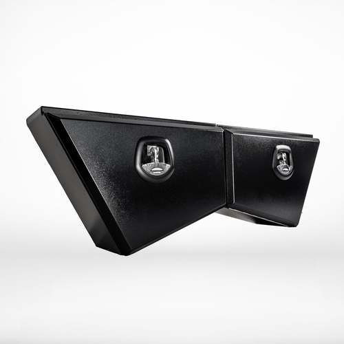 Angled studio shot of a pair of 600mm tapered undertray toolboxes in a black powder-coat finish