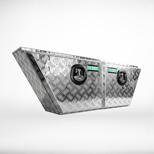 Angled studio shot of a pair of 600mm tapered undertray toolboxes in aluminium checker plate