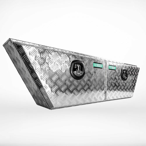 Angled studio shot of a pair of 750mm tapered undertray toolboxes in aluminium checker plate